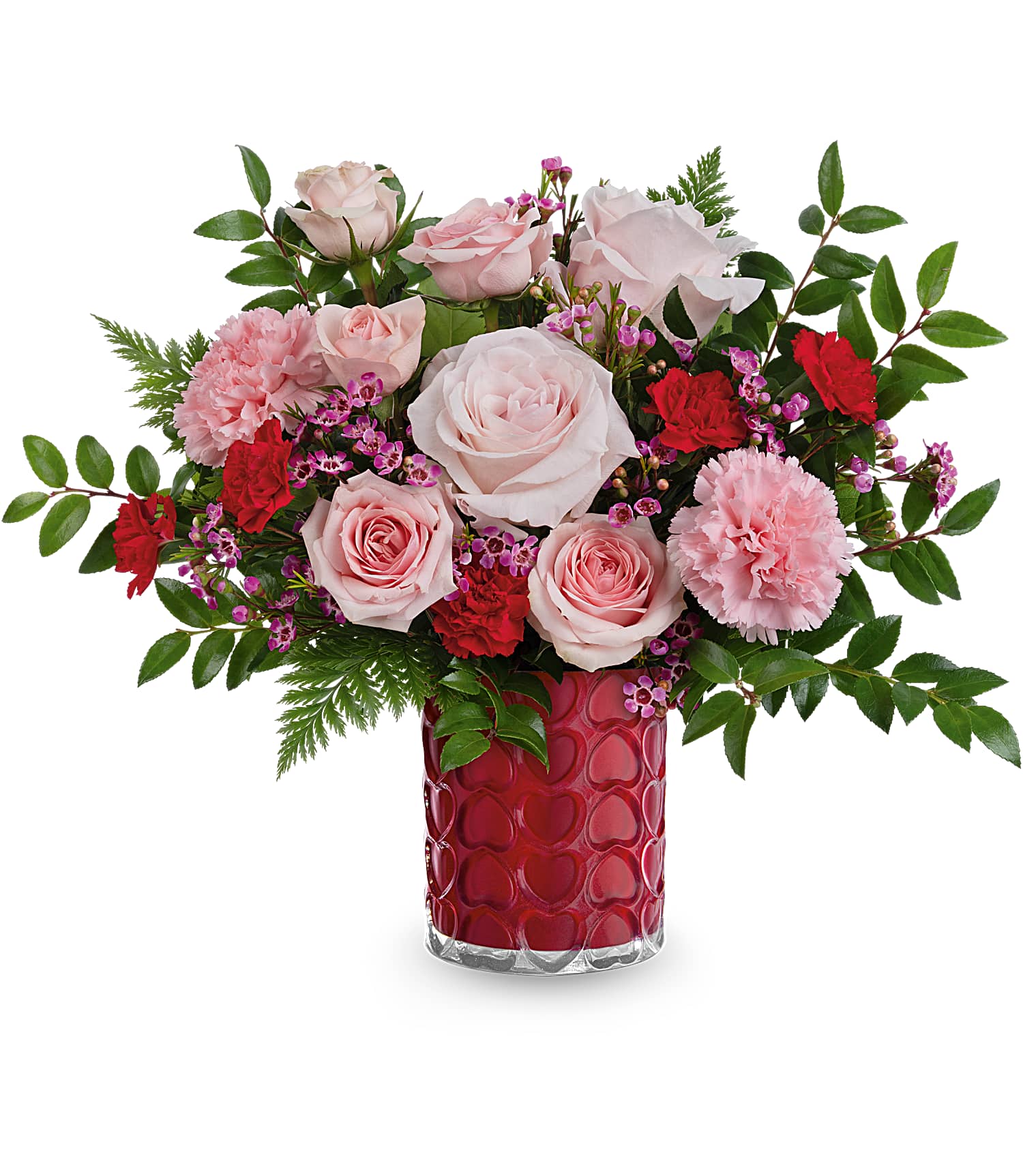 The Sweetheart Sparkle Bouquet by TF features light pink roses, red miniature carnations, small red flowers, and greenery in an Enchanted Hearts Vase.