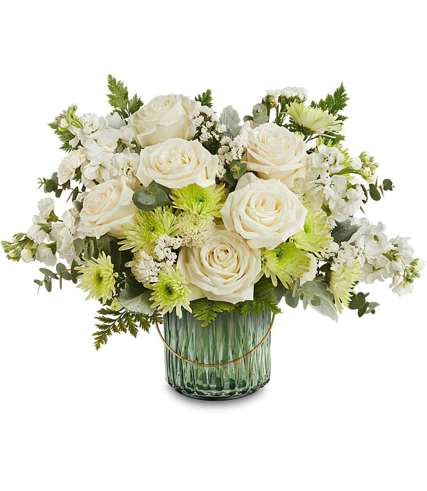 The Tranquil Serenity Bouquet features a glass vase with gold accents, beautifully arranged with white roses, mums, and assorted greenery.